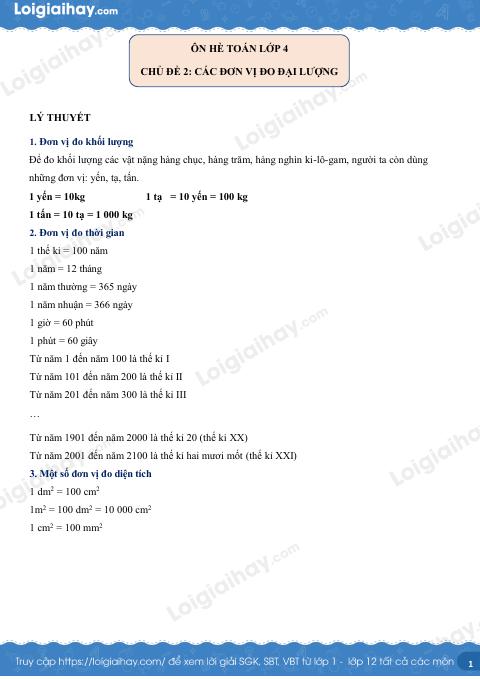 Bài tập Các đơn vị đo đại lượng - Ôn hè Toán lớp 4 có lời giải chi tiết
